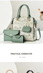 Detail of pea green 4-piece handbag set with elegant traditional Chinese embroidery