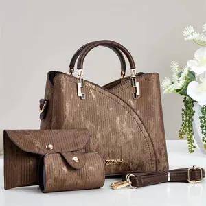 Ensemble de sacs à main marron 3 pièces en similicuir texturé et détails dorés