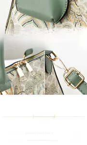 Detail of golden metal zippers and D-rings on vintage floral embroidery handbag