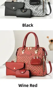 Detailed set of retro jacquard tote and envelope bags in wine red and black colors