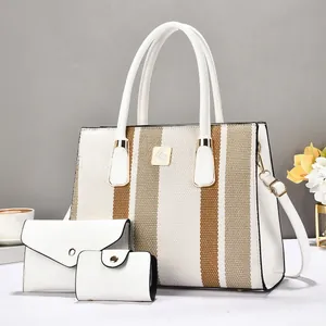 Three-piece striped tote bag set with detachable shoulder strap for women