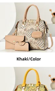 Detail of four-piece vintage Chinese embroidery bag set with jacquard wave patterns