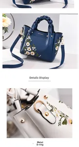 Close-up of elegant floral embroidery and durable metal D-ring hardware on handbag
