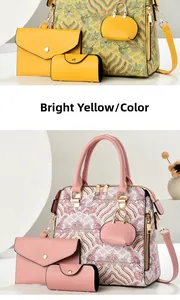 Detailed set of bright yellow and pink embroidered tote bags with matching small pouches