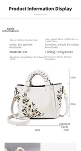 Detailed size specifications of white PU leather handbag with elegant floral embroidery