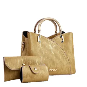 Ensemble de 3 sacs à main or champagne avec rayures verticales et logo ZZMY en métal