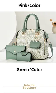 Detail of green handbag set showing golden zippers and elegant Chinese embroidery