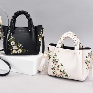 Fashion Floral Embroidery PU Leather Handbag Woven Handle Shoulder Crossbody Bag For Women Daily Match Purse