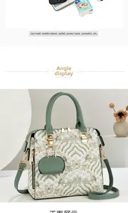 Detailed view of embroidery patterns on green retro handbag with storage capacity icons