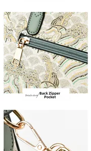 Detail of vintage jacquard fabric and back zipper pocket with golden hardware on handbag