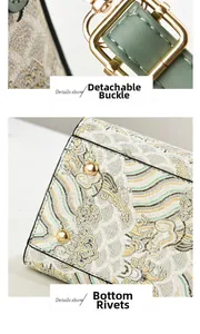 Macro detail of embroidery fabric with gold lobster clasps and protective bottom studs