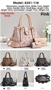 Detailed view of pink three-piece handbag set dimensions and MFXWOPO logo pattern