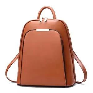 Caramel brown leather backpack for women with large capacity and sleek silver hardware