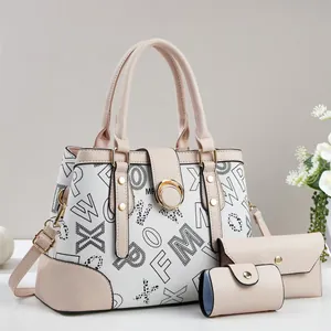 Three-piece set of white leather tote with leopard letter prints and adjustable shoulder strap