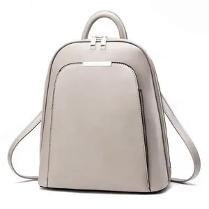 Minimalist light gray synthetic leather women's backpack with top handle and metal zipper
