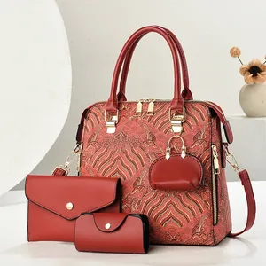 Vintage embroidered three-piece handbag set with traditional Chinese landscape patterns