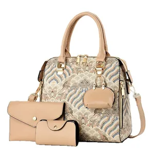 Women's vintage embroidery 4-piece handbag set with retro cloud patterns and brown trim