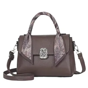 Retro dark brown pebbled leather handbag with floral silk scarf handle and metal lock