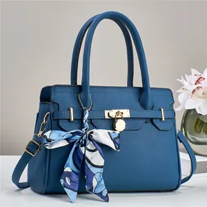 Borsa Tote in Pelle PU con Motivo Litchi alla Moda con Sciarpa in Raso Serratura in Metallo Borsa a Tracolla da Donna