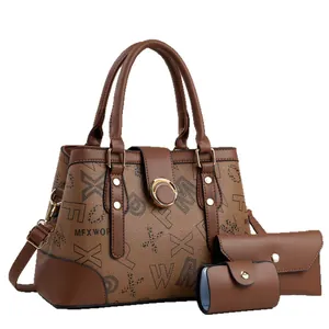 Three-piece brown tote bag set with crossbody strap and matching wallets for women
