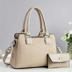 Ensemble de sacs 2 pièces en tissu à chevrons beige et similicuir brun avec bandoulière