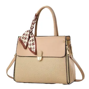 Fashionable beige macaron tote bag with textured splicing and houndstooth scarf detail