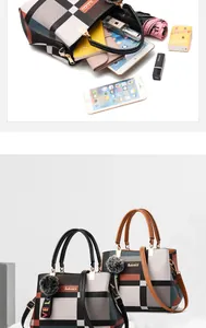 Detailed internal view of plaid handbag showing large capacity for essentials