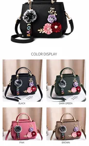 Detaillierte Größentabelle der floralen PU-Lederhandtasche mit Maßen und Farbvarianten