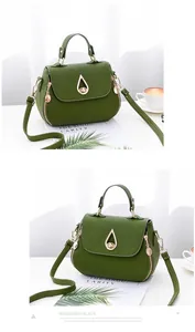 Close-up of green PU leather handbag featuring quilted texture and golden drop-shaped lock