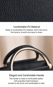 Detail aus schwarzem PU-Leder mit Lychee-Struktur und goldenem Metallgriff der Handtasche
