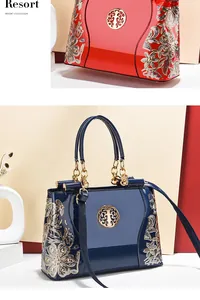 Detail of red and blue patent leather handbags featuring gold floral sequin embroidery