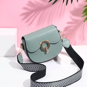 Women's PU Leather Saddle Crossbody Bag Cat Ear Metal Buckle Contrast Stitching Fashion Shoulder Bag Wide Woven Strap Casual Messenger Purse