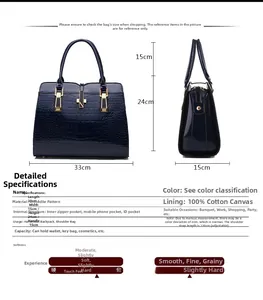Detail showing deep blue crocodile pattern patent leather bag with dimensions and strap