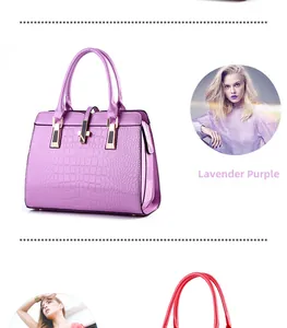 Detail of taro purple crocodile pattern patent leather tote bag with gold metal hardware