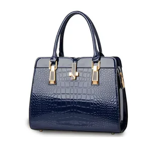 Women's Crocodile Pattern Patent Leather Handbag Large Capacity PU Shoulder Bag Business Commuter Top Handle Bag Gold Hardware