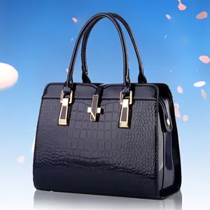 Navy blue crocodile pattern patent leather handbag with gold hardware and large capacity