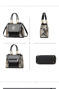 Multi-angle view of black patent leather bag with gold floral embroidery and metal base