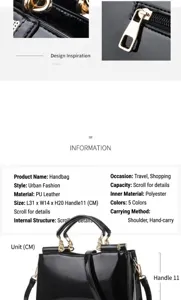 Detailed size specifications of the black PU handbag with 31x14x20cm dimensions