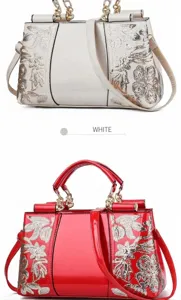 Close-up of patent leather handbag detail featuring floral sequin embroidery and gold chain