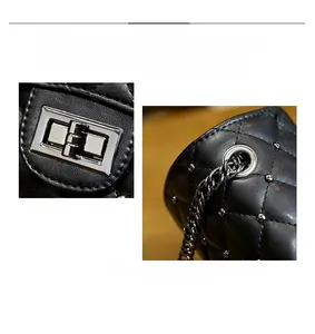 Close-up of silver twist lock and quilted leather texture on crossbody chain bag