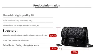 Detailed size specifications and material view of the quilted leather chain crossbody bag