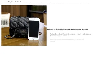 Quilted black chain bag size comparison with an iPhone shown in a stylish cafe setting