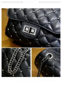 Detail view of black quilted crossbody bag with silver rivet studs and a metal twist lock