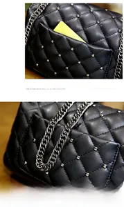 Detail of quilted leather crossbody bag featuring silver studs and functional back pocket