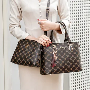 Damen Vintage Bedruckte Einkaufstasche Und Umhängetasche Kombination Mit Quaste Katze Anhänger Große Kapazität Kunstleder Handtasche Schultertasche