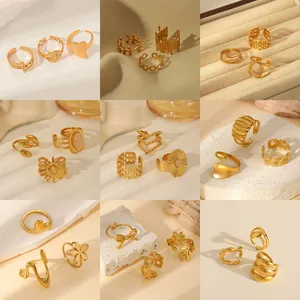 18K Gold Plated Stainless Steel Open Ring For Women Elegant Adjustable Geometric Heart Flower Pattern Fashion Jewelry Gift