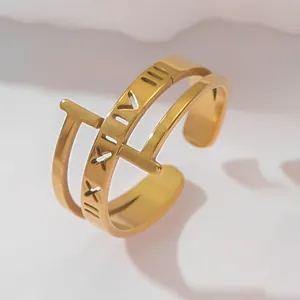 Close-up of 18k gold-plated open ring featuring Roman numerals and T-shaped hollow design