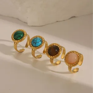 18K gold plated stainless steel adjustable rings set with turquoise and malachite stones