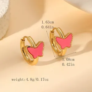 Boucles d'oreilles papillon dorées avec émail rose et dimensions détaillées incluses