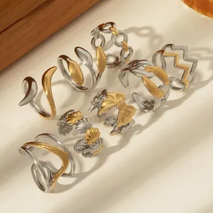 Verstellbare zweifarbige Edelstahlringe mit geometrischen Wellen- und Blattmustern
